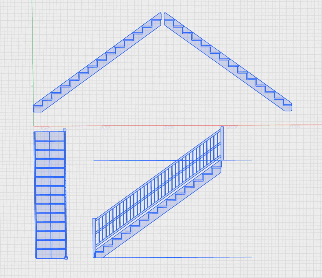 Multiple DXF sheets from a Magic Stairs export opened side-by-side in a CAD viewer, showing plan view and elevation views of a staircase as blue vector lines on a grid background