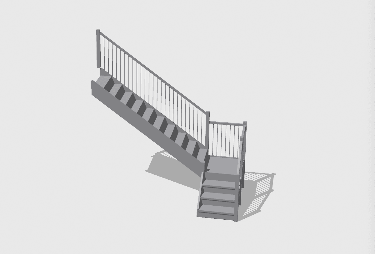 3D rendering of an L-shaped staircase with railing and balusters, rendered in light grey from a CAD viewer after importing a Magic Stairs STEP file