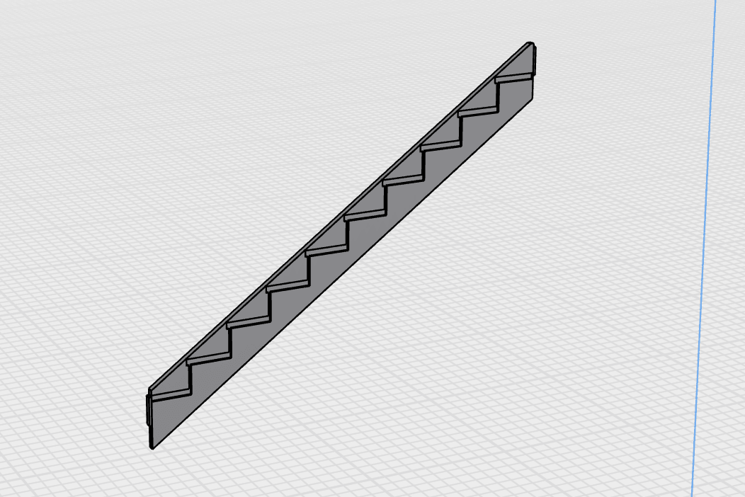 Single stair stringer component shown in isolation in a 3D viewer, with the characteristic saw-tooth profile of an open stringer clearly visible against a light background