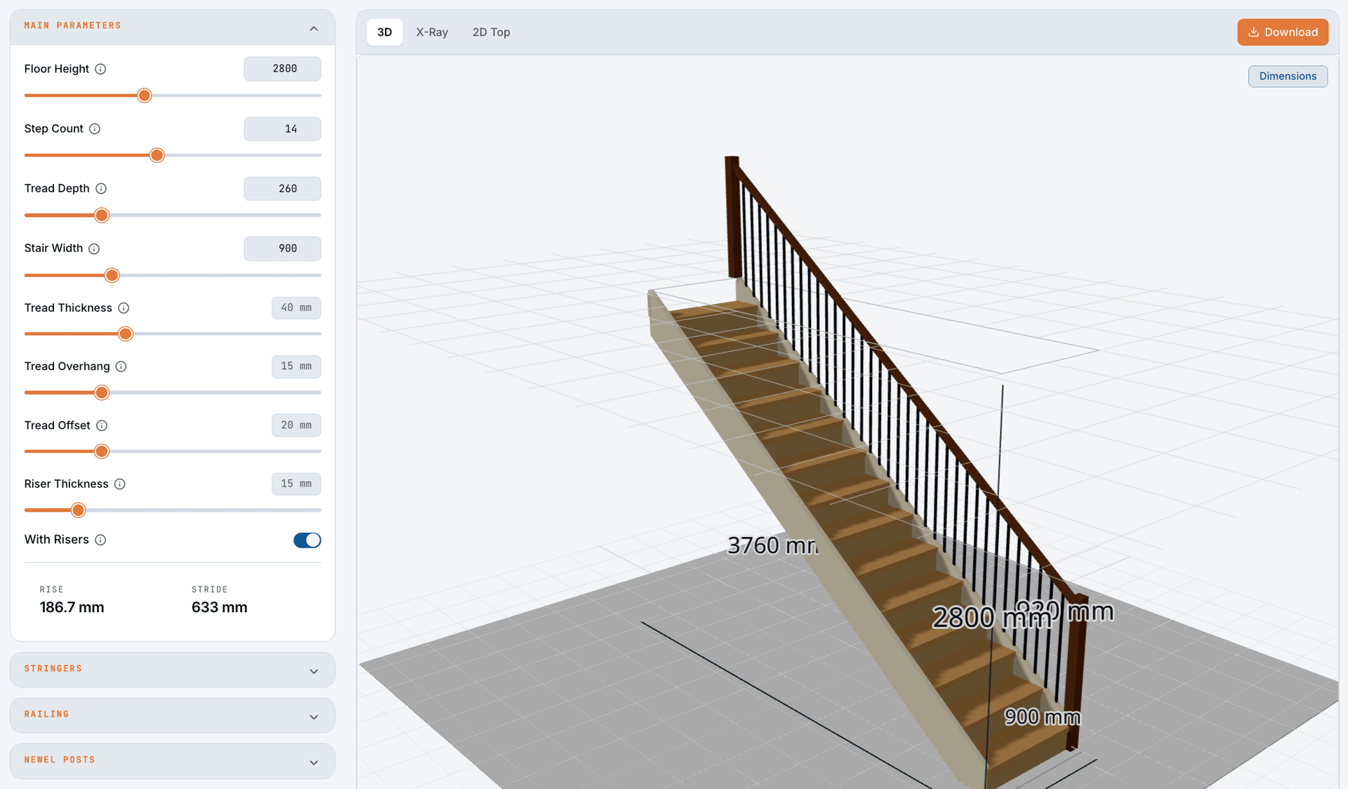Magic Stairs calculator showing a 3D preview of a staircase with key parameter controls on the left and a Download button in the top-right of the canvas