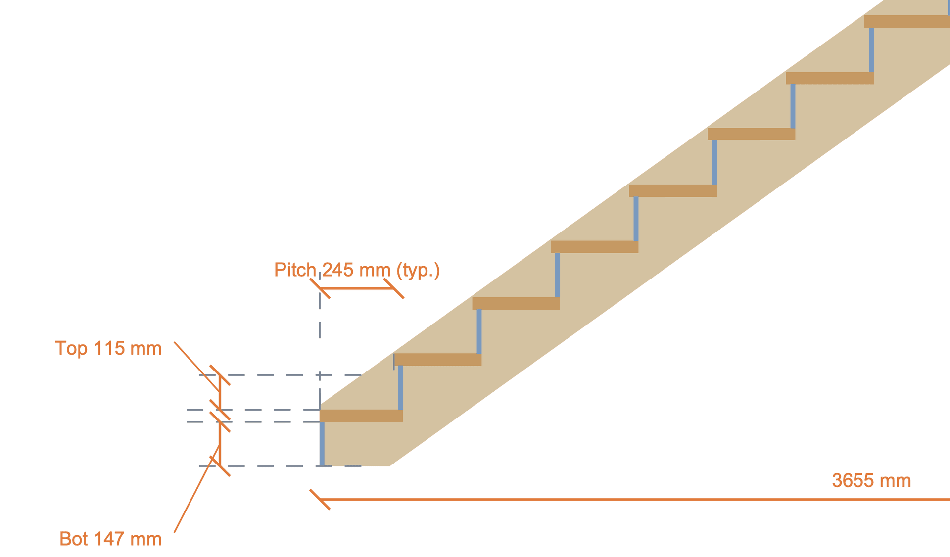 Detail crop of a stair stringer workshop sheet showing orange dimension lines with tick marks and the end-cut angle arc near the foot