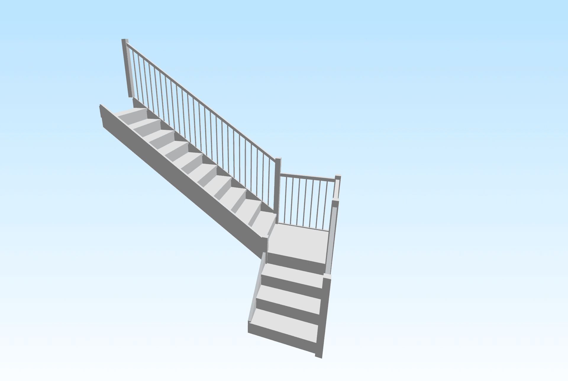 3D rendering of an L-shaped staircase with railing, balusters and newel posts shown in light grey against a light blue gradient background — the typical view of an STL file loaded into a 3D printer slicer