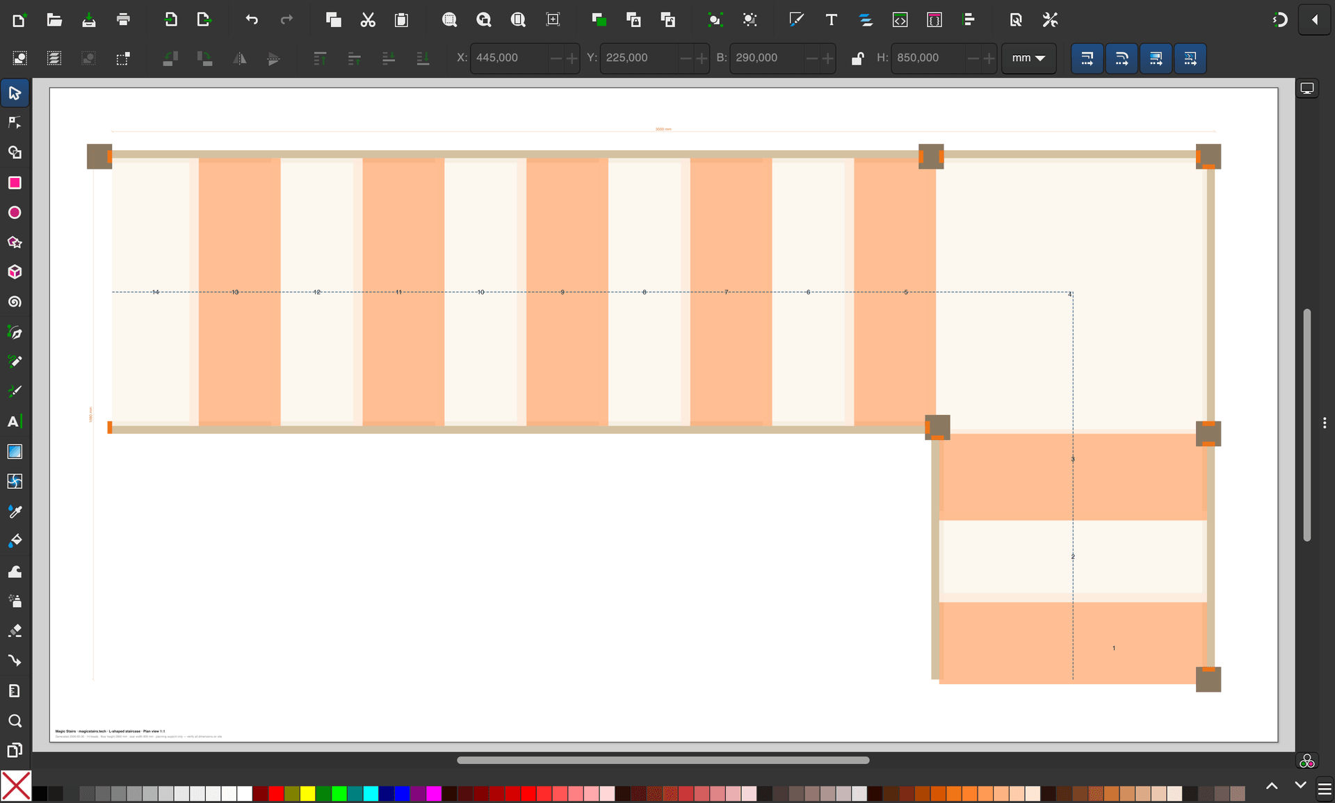 L-shaped staircase plan view SVG opened in Inkscape, showing tread outlines in orange and dimension markers, with the Inkscape editing toolbar and millimetre units visible
